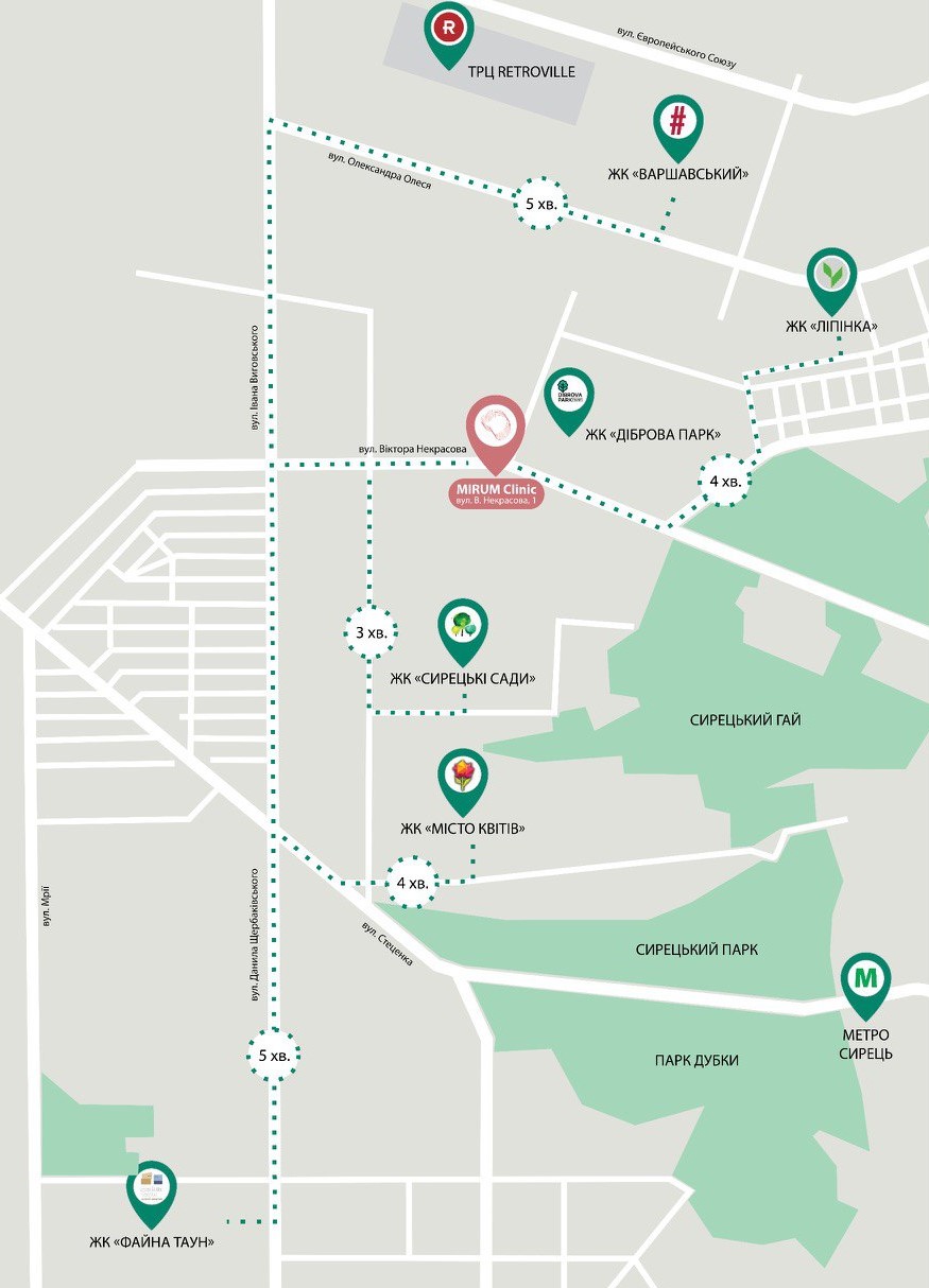 Mirum Clinic on map, Nekrasova str. 1 between Vynogradar and Syrets district